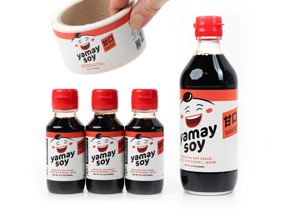 Custom Labels on roll on Yamay Soy bottles.